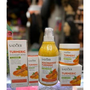 SADOER 4in1 Set Of Tumeric Facial Cleanser, Facial Serum,Scrub Body Wash And Tumeric Body Scrub For Brightening, Glowing Your Body