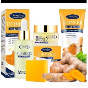 Guangin 4in1 Turmeric Skincare Set Clay Mask & Turmeric Soap, Serum & Face Cream,Reduce Acne & Blackhead,Deep Nourishing for Dry Skin
