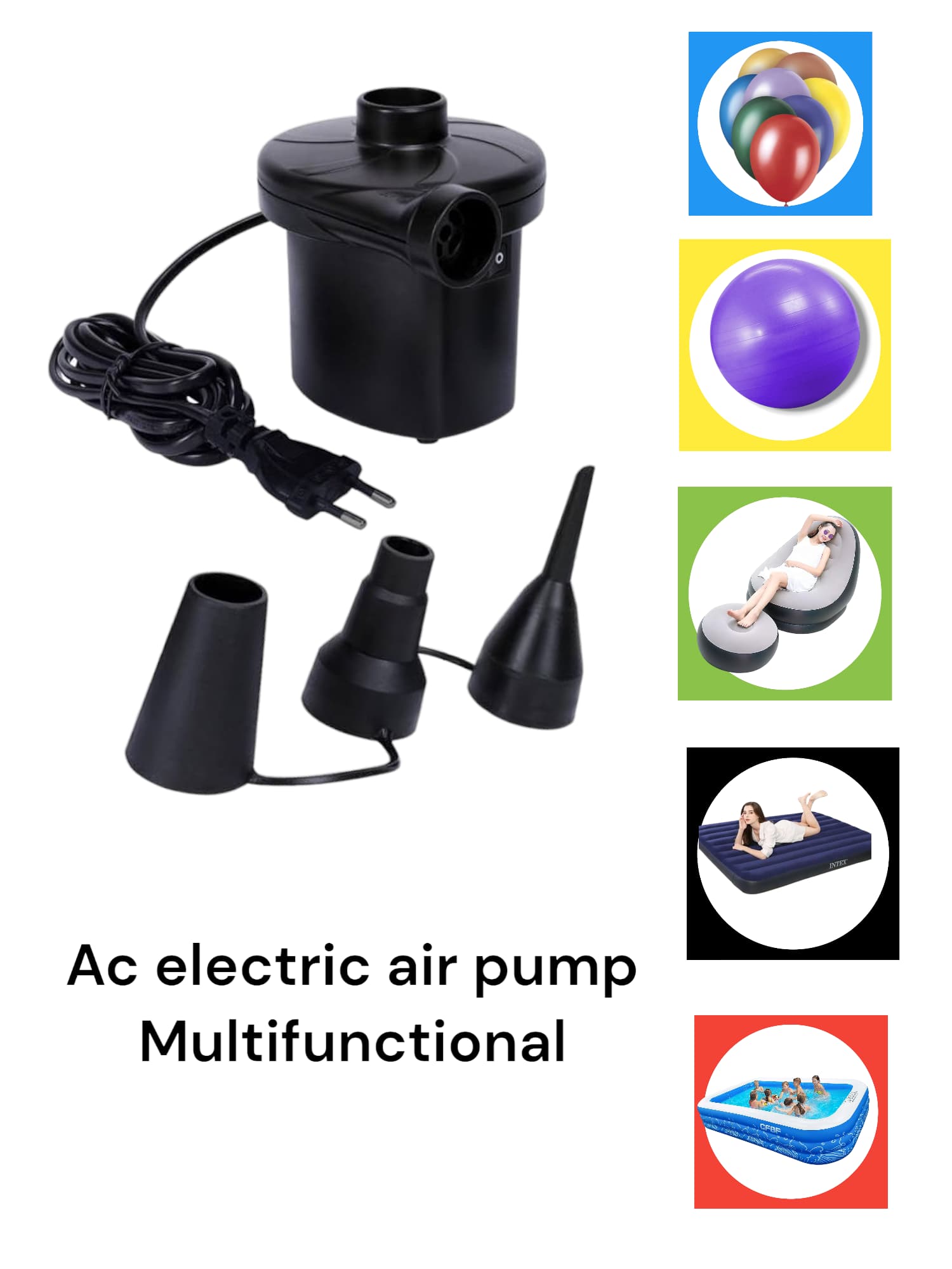 Electric Air Pump Portable Quick-Fill Air Pump for Inflatable Couch, Air Mattress, Swimming Ring, Inflatable Pool Toys, Powerful Electric Inflator/Deflator Air Pump with 3 Nozzles 110V AC