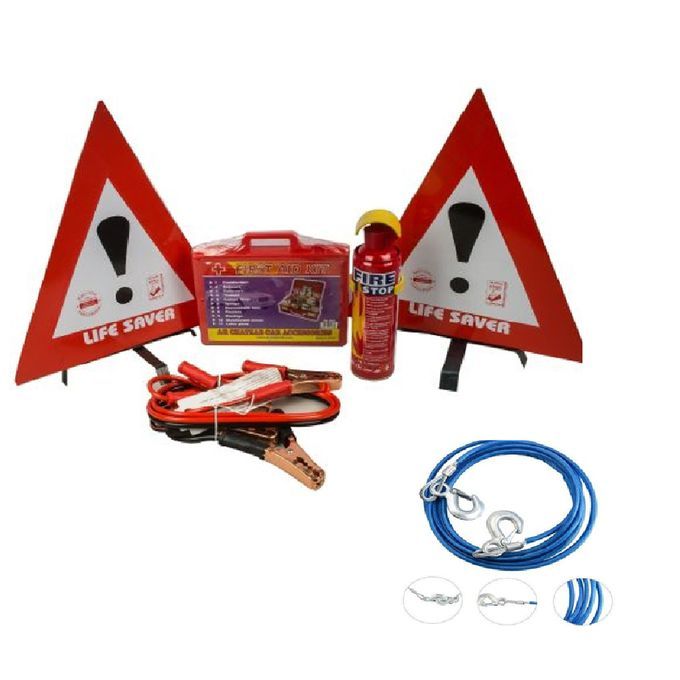 Car Emergency kit set Car hazard Life saver triangles , towing rope , jumper cables compliance first Aid kit set, fire extinguisher