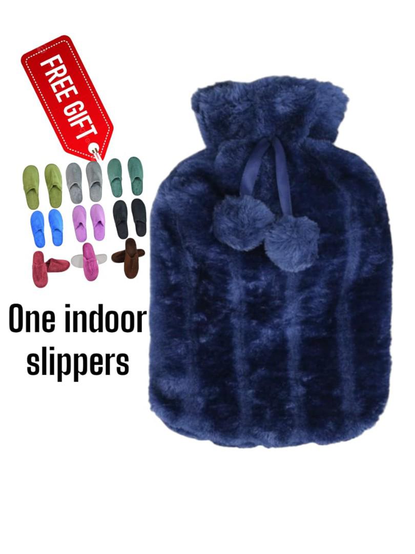 2L Hot Water Bottle With soft faux cover (blue)+ FREE Cozy Indoor Slippers  Warmth Combo