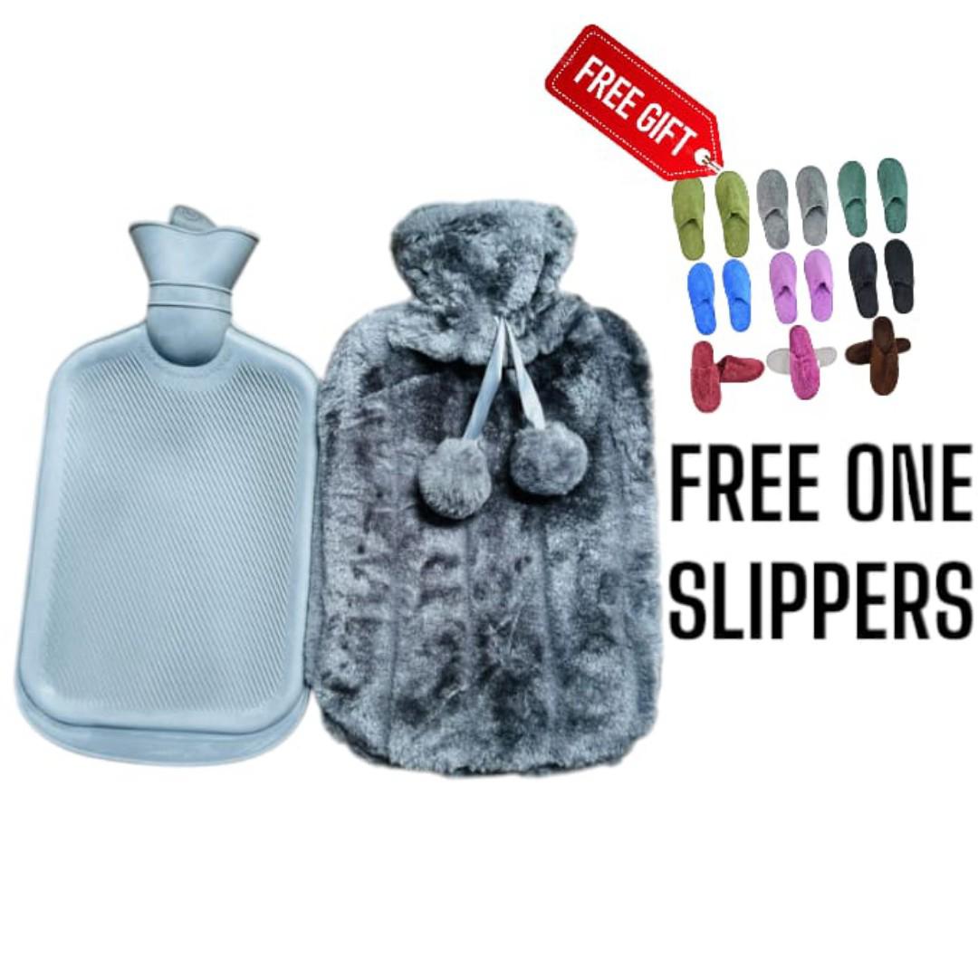 2L Hot Water Bottle With soft faux cover (grey)+ FREE Cozy Indoor Slippers  Warmth Combo