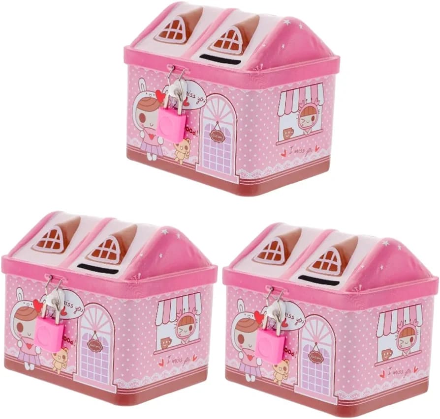PIGGY BANK HOUSE SHAPED PIGGY BANK SMALL CASH BOX WITH LOCK AND SLOT, METAL COIN PIGGY BANK FOR ADULTS AND KIDS, PINK AND BLUE LOCKING MONEY BOX