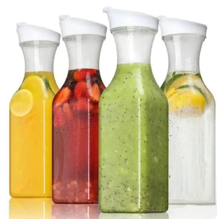 MULTI-PURPOSE   CARAFE CLEAR  PITCHER BOTTLE  WATER CARAFE WITH FLIP TOP LID, SET OF 1 SQUARE BASE JUICE CONTAINERS, CLEAR PLASTIC PITCHER - FOR WATER, ICED TEA, JUICE, BEVERAGE, COLD BREW AND MIMOSA