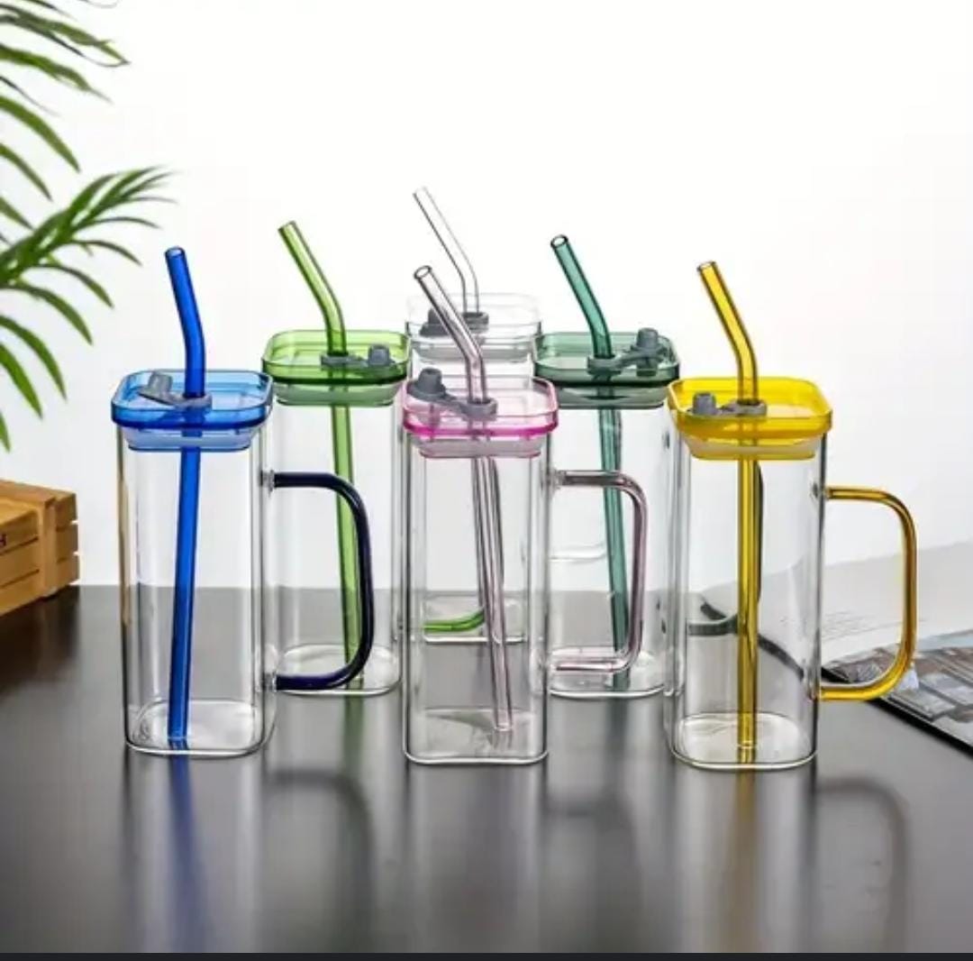 BOROSILICATE SQUARE GLASS SMOOTHIE WITH GLASS COLOURED STRAW GLASS CUPS WITH LIDS & STRAWS SQUARE SHAPED, DRINKING GLASSES BEER GLASSES TUMBLERS CUPS WATER BOTTLES FOR ICED COFFEE, COCKTAIL,
