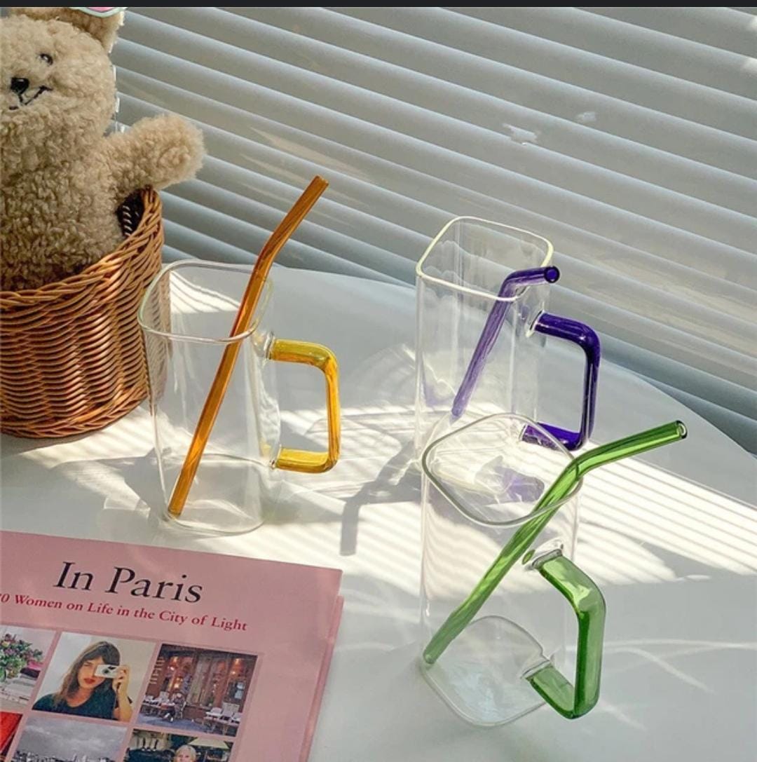 BOROSILICATE SQUARE GLASS SMOOTHIE WITH GLASS COLOURED STRAW GLASS CUPS WITH LIDS & STRAWS SQUARE SHAPED, DRINKING GLASSES BEER GLASSES TUMBLERS CUPS WATER BOTTLES FOR ICED COFFEE, COCKTAIL,