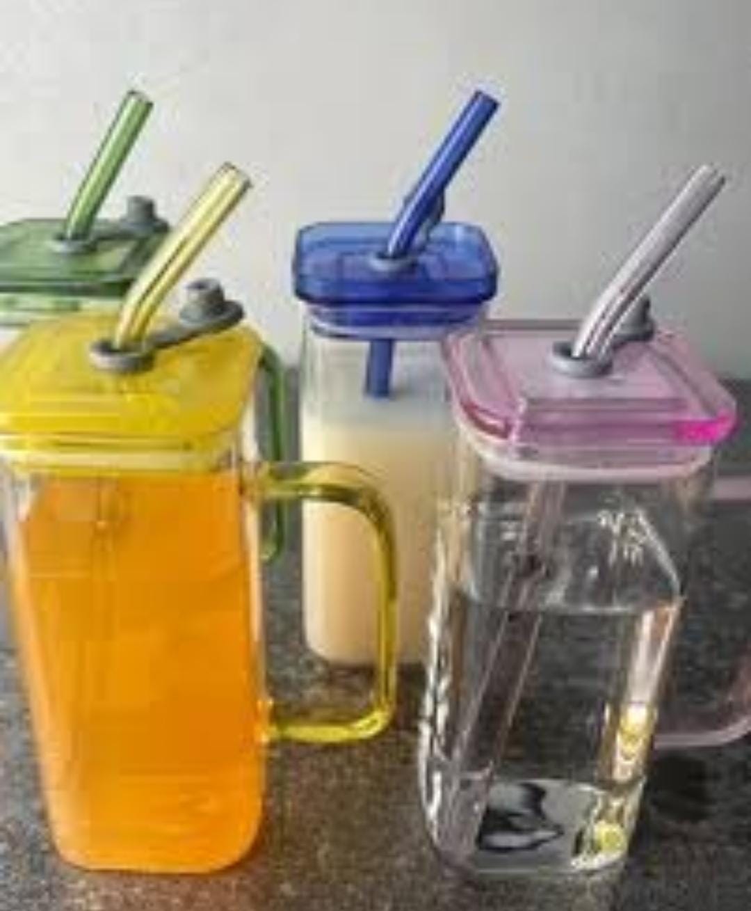 BOROSILICATE SQUARE GLASS SMOOTHIE WITH GLASS COLOURED STRAW GLASS CUPS WITH LIDS & STRAWS SQUARE SHAPED, DRINKING GLASSES BEER GLASSES TUMBLERS CUPS WATER BOTTLES FOR ICED COFFEE, COCKTAIL,