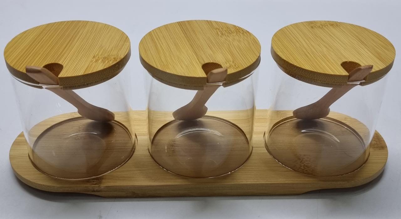 HIGH QUALITY 3IN1 GLASS SUGAR SET WITH BAMBOO STAND, LIDS AND SPOONS, SALT AND SUGAR CONTAINER, WHITE PORCELAIN SUGAR COFFEE CONTAINER, CONDIMENT SPICE POTS WITH WOODEN TRAY FOR BAR TABLE, KITCHEN, CO