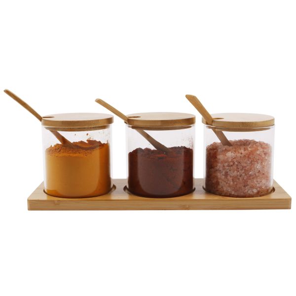 HIGH QUALITY 3IN1 GLASS SUGAR SET WITH BAMBOO STAND, LIDS AND SPOONS, SALT AND SUGAR CONTAINER, WHITE PORCELAIN SUGAR COFFEE CONTAINER, CONDIMENT SPICE POTS WITH WOODEN TRAY FOR BAR TABLE, KITCHEN, CO