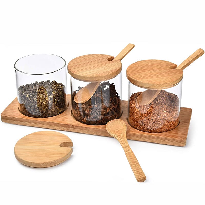 HIGH QUALITY 3IN1 GLASS SUGAR SET WITH BAMBOO STAND, LIDS AND SPOONS, SALT AND SUGAR CONTAINER, WHITE PORCELAIN SUGAR COFFEE CONTAINER, CONDIMENT SPICE POTS WITH WOODEN TRAY FOR BAR TABLE, KITCHEN, CO