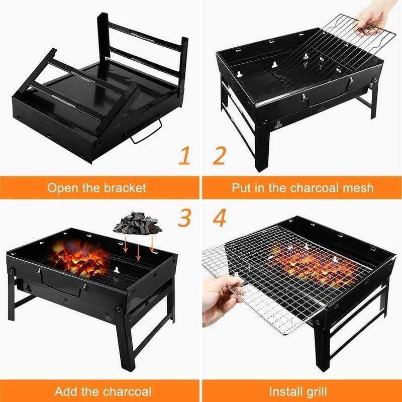 FOLDABLE PORTABLE BARBECUE CHARCOAL GRILL FOLDING PORTABLE BARBECUE CHARCOAL GRILL, BARBECUE DESK TABLETOP OUTDOOR STAINLESS STEEL SMOKER BBQ FOR OUTDOOR COOKING CAMPING PICNICS BEACH