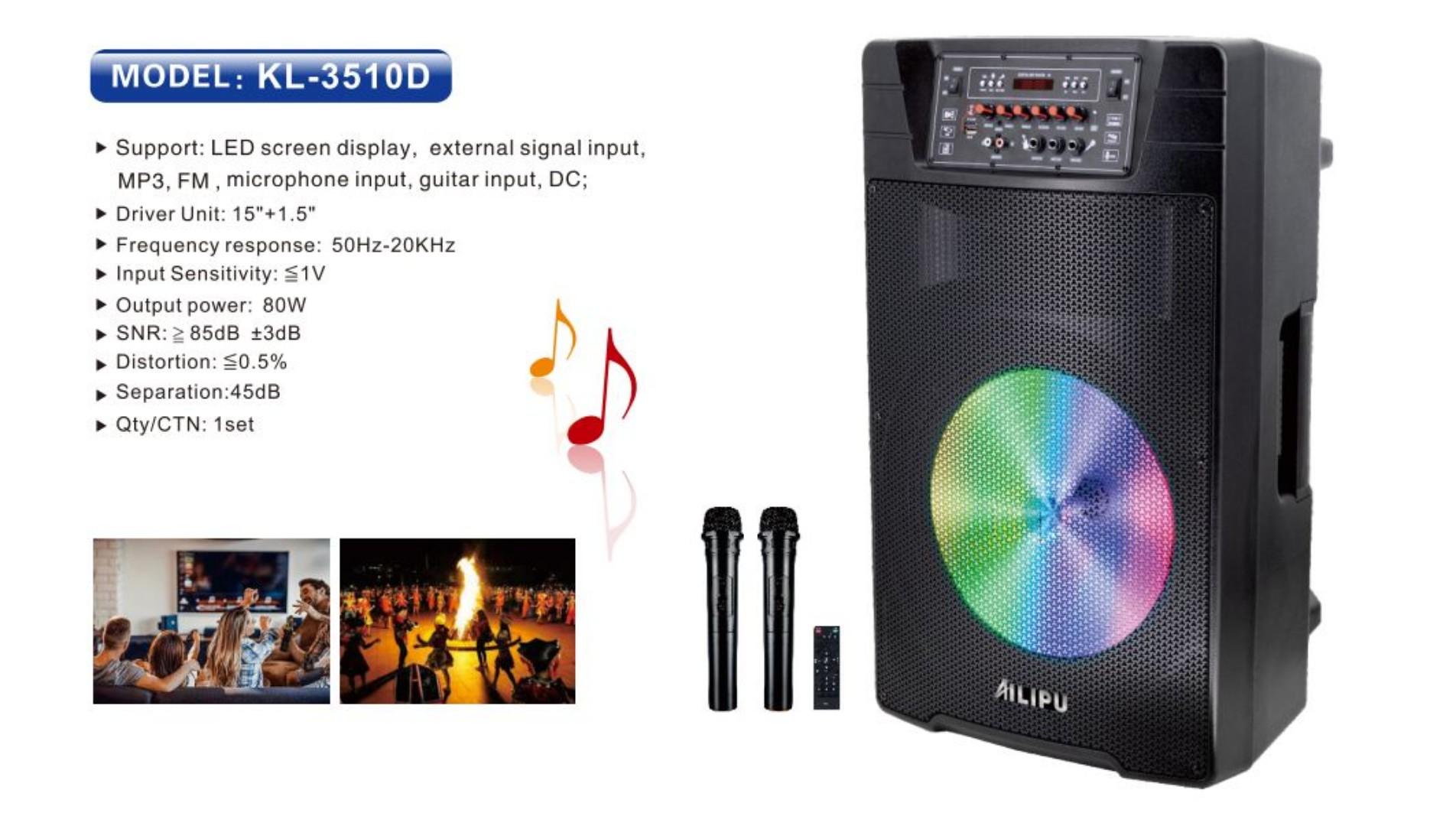 (NEW) AILIPU 15-Inch Rechargeable Speaker with LED Display & Dual Wireless Microphones – 80000W KL-3510D