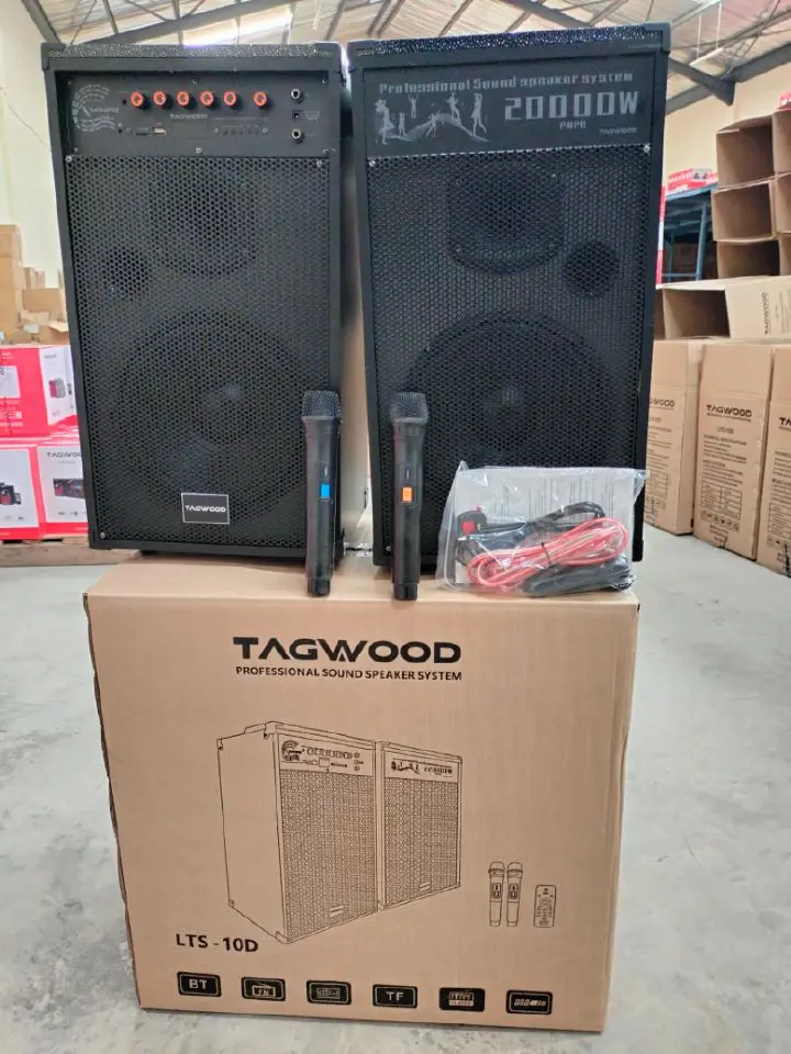 TAGWOOD LTS-10D – 100W PROFESSIONAL SOUND SYSTEM WITH DUAL 10" WOOFERS, DUAL 1" TWEETERS, BLUETOOTH, USB/TF MP3, AUX AND 2 WIRELESS MICROPHONES. PERFECT FOR HOME ENTERTAINMENT, EVENTS AN PRESENTATIONS