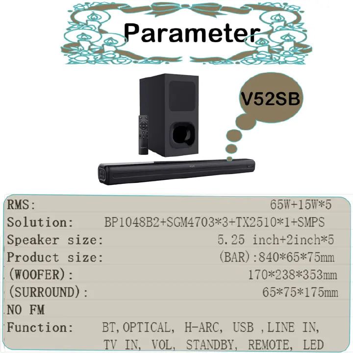 Vitron 2.1CH V52SB Wired Soundbar System with AUX USB Bluetooth Speaker System Home Audio Rich Bass 8000W