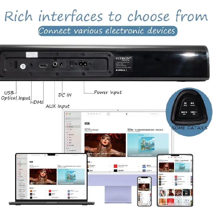Vitron 2.1CH V52SB Wired Soundbar System with AUX USB Bluetooth Speaker System Home Audio Rich Bass 8000W