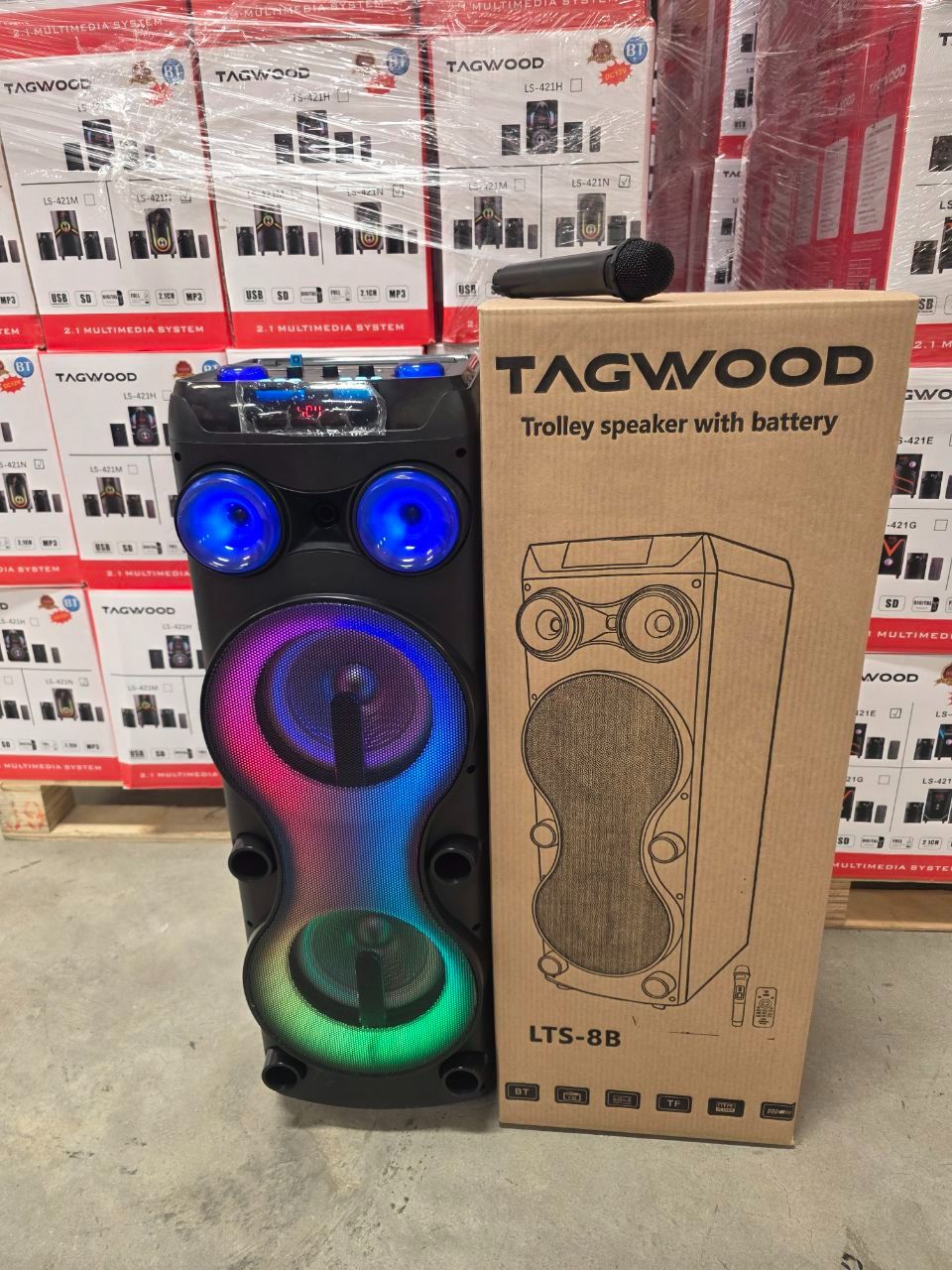 NEW TAGWOOD LTS-8B PORTABLE BEAT BOX RECHARGEABLE WITH USB/FM/BLUETOOTH AND WIRELESS MICROPHONE.