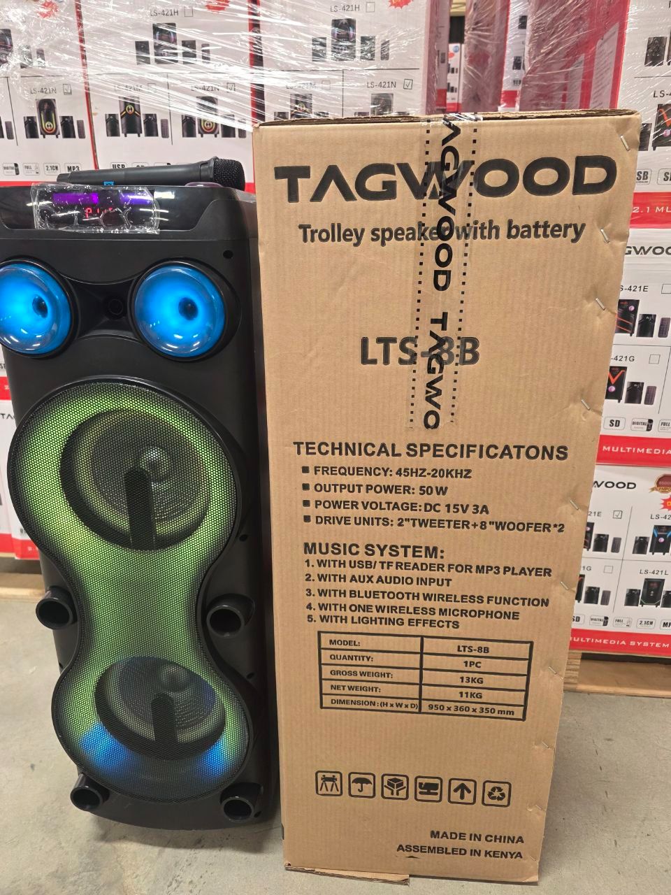 NEW TAGWOOD LTS-8B PORTABLE BEAT BOX RECHARGEABLE WITH USB/FM/BLUETOOTH AND WIRELESS MICROPHONE.