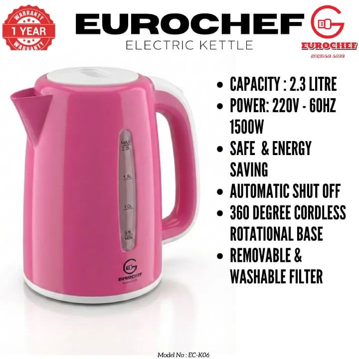 EUROCHEF EC-K06 2.3L Plastic Electric Cordless Kettle Electric Jug for boiling water Kitchen Appliance -PINK BLUE WHITE