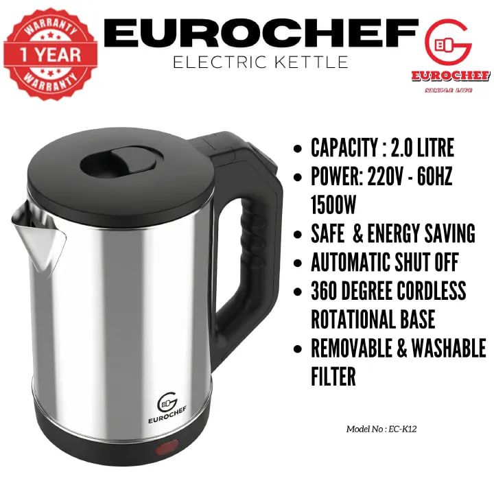 EUROCHEF EC-K12 2 L Stainless steel Electric Cordless Kettle Electric Jug for boiling water Kitchen Appliance
