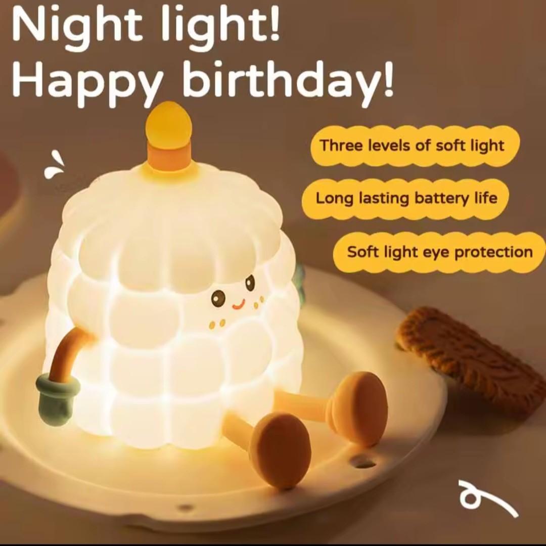 Candle Cake Night Light Lamp Rechargeable Dimming Bedside, Desk- Pat Touch Silicon Night Lamp for Kids Room Decor Cartoon Birthday Gifts