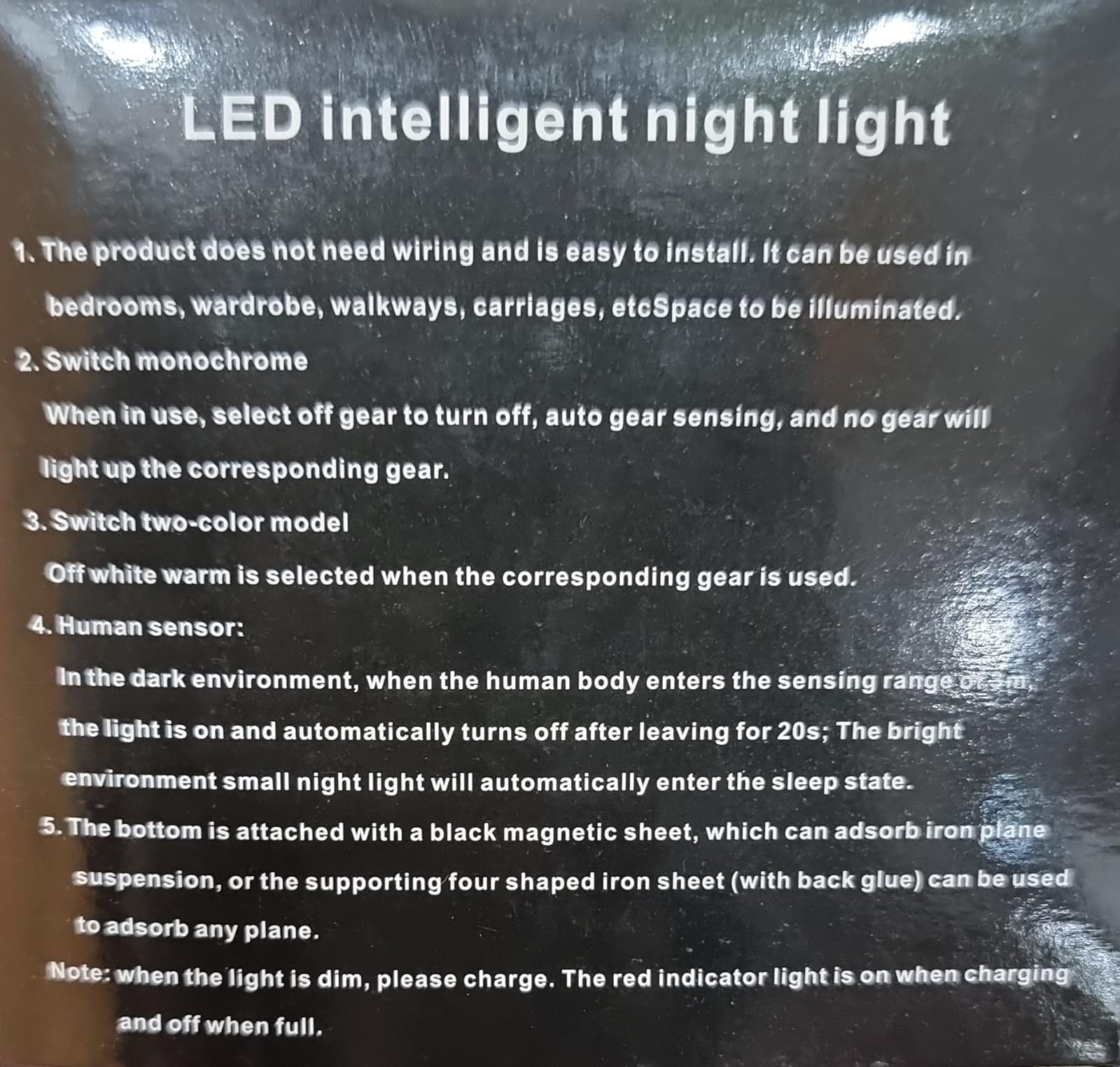INTELLIGENT INDUCTION LAMP HAS ON OFF AUTO OPTIONS, STICKS BY A MAGNETIC ADHESIVE STICKER SET MOTION SENSOR LIGHT INDOOR LED NIGHT LIGHT BATTERY POWERED STEP LIGHTS STAIR CLOSET LIGHT UNDER CABINET LI