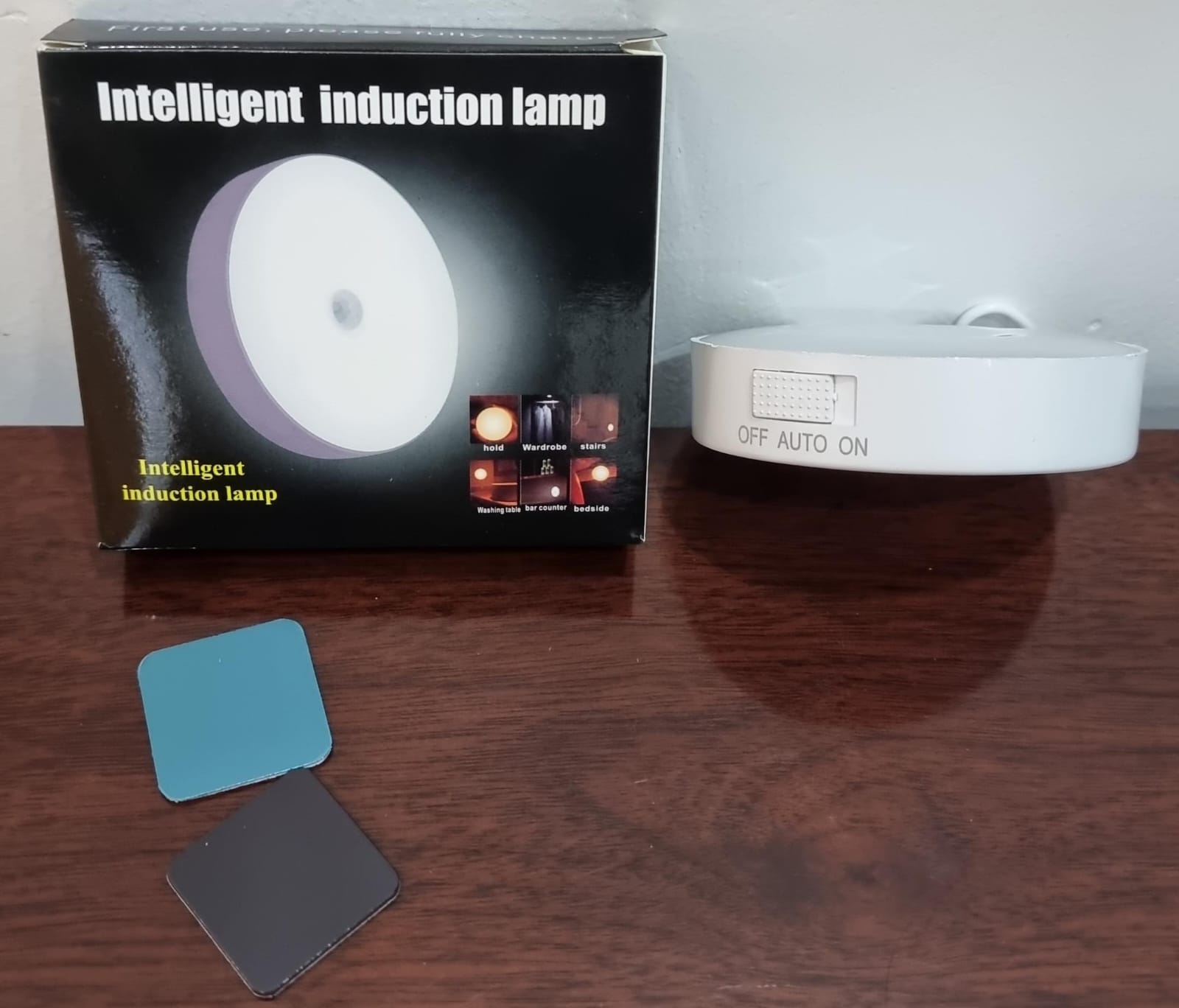 INTELLIGENT INDUCTION LAMP HAS ON OFF AUTO OPTIONS, STICKS BY A MAGNETIC ADHESIVE STICKER SET MOTION SENSOR LIGHT INDOOR LED NIGHT LIGHT BATTERY POWERED STEP LIGHTS STAIR CLOSET LIGHT UNDER CABINET LI