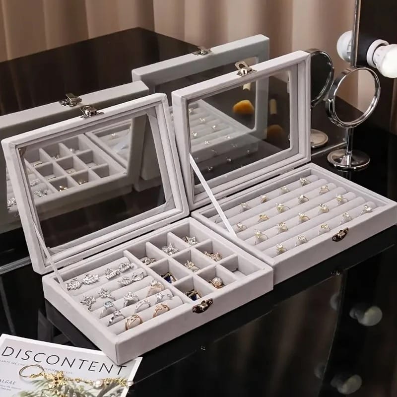 JEWELLERY STORAGE BOX HOME JEWELLERY DISPLAY BOX WITH COVERED NECKLACE RING JEWELLERY ORGANIZE TRAY ORGANIZER BOX WITH TRANSPARENT LID RINGS EARRINGS NECKLACES PENDANTS DISPLAY BOX SUITABLE FOR WOMEN