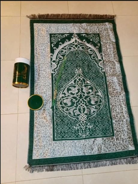 Muslim Prayer Rug (Sajjadah or Janamaz) and Prayer Beads (Tasbih)