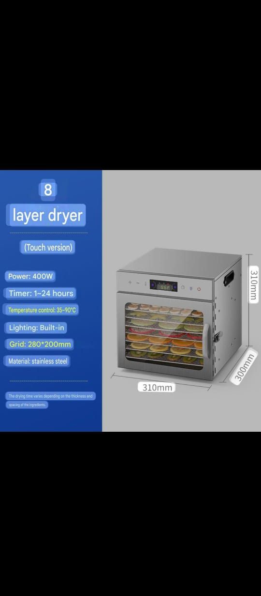 8-layer stainless steel food dehydrator with a touch version interface