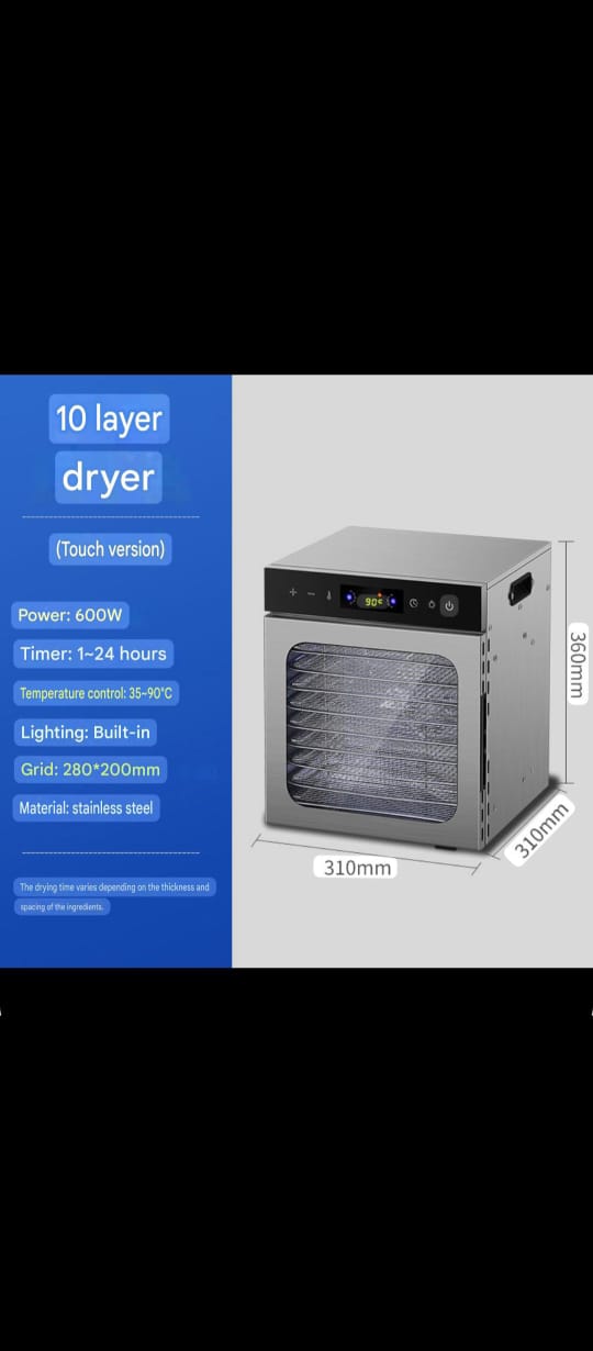 Stainless steel 10-layer food dehydrator with touch controls.