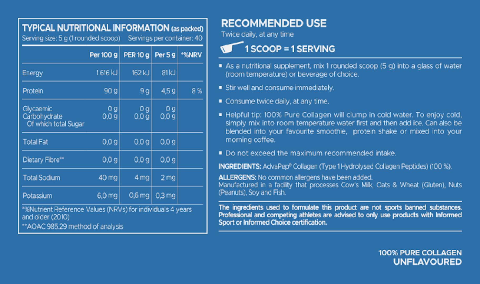USN 100% PURE COLLAGEN Grass fed type 1 Hydrolysed collagen peptides Rich in Amino Acids UNFLAVORED