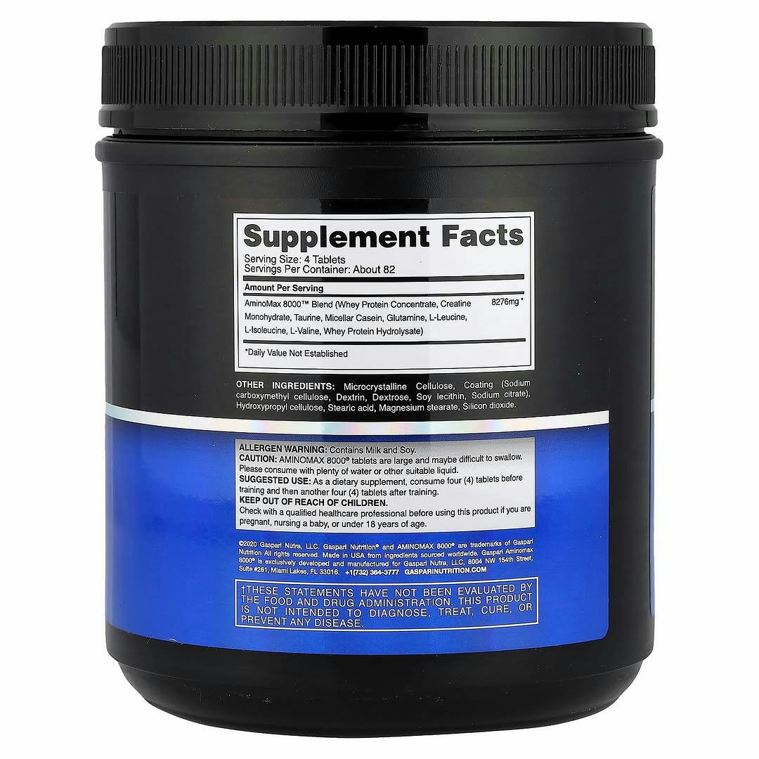 GASPARI NUTRITION 8000 SUPER HIGH PERFORMANCE AMINOMAX DESIGNED FOR ADVANCE ATHLETES AND BODYBUILDERS Enhanced with Creatine,Taurine and BCAA's DIETARY SUPPLEMENT-325 TABLETS(About 82 servings)