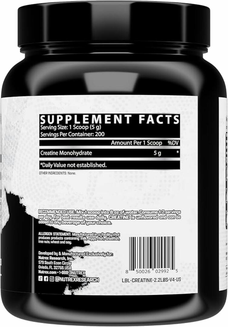 Nutrex Research CREATINE MONOHYDRATE Pure and Micronized Strength and Performance Powder Dietary Supplement 60 servings NET WT 300g UNFLAVORED