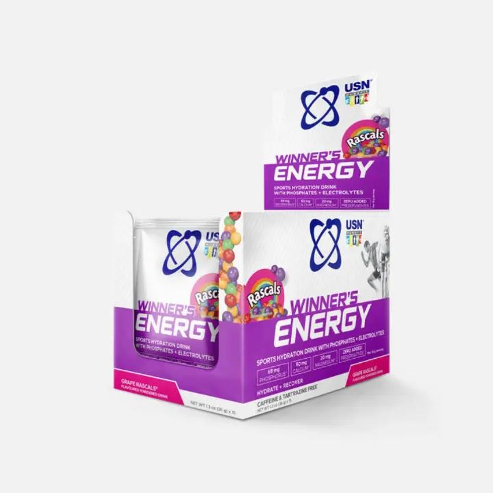 USN RASCALS WINNER'S ENERGY SPORTS HYDRATION DRINK WITH PHOSPHATES + ELECTROLYTES  HYDRATE + RECOVER CAFFEINE + TARTRAZINE FREE NET WT 1.3 oz (36 g×15)