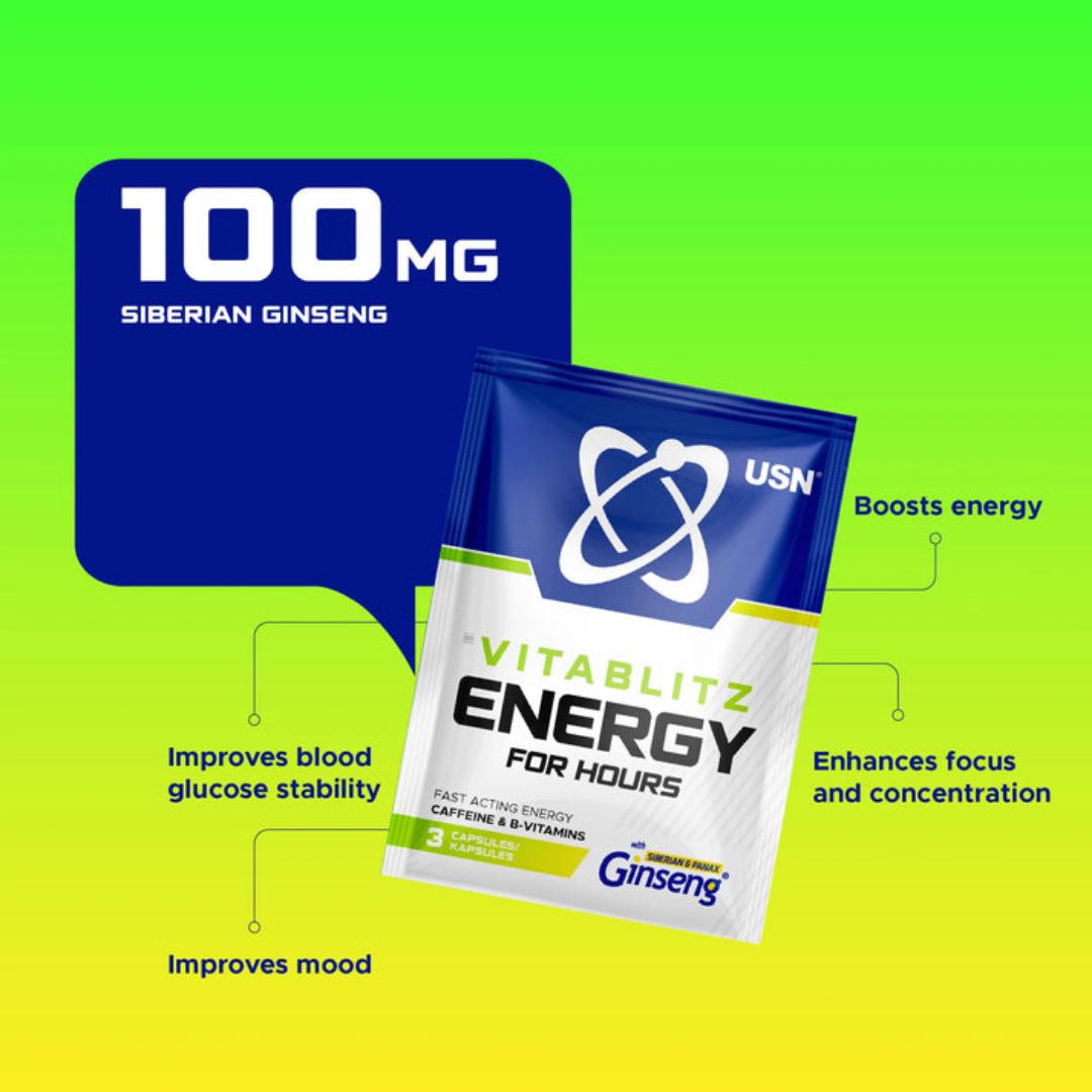 USN VITABLIZ ENERGY FOR HOURS FAST ACTING ENERGY CAFFEINE & B-VITAMINS WITH SIBERIAN & PANAX GINSENG 1 SACHET 3 CAPSULES