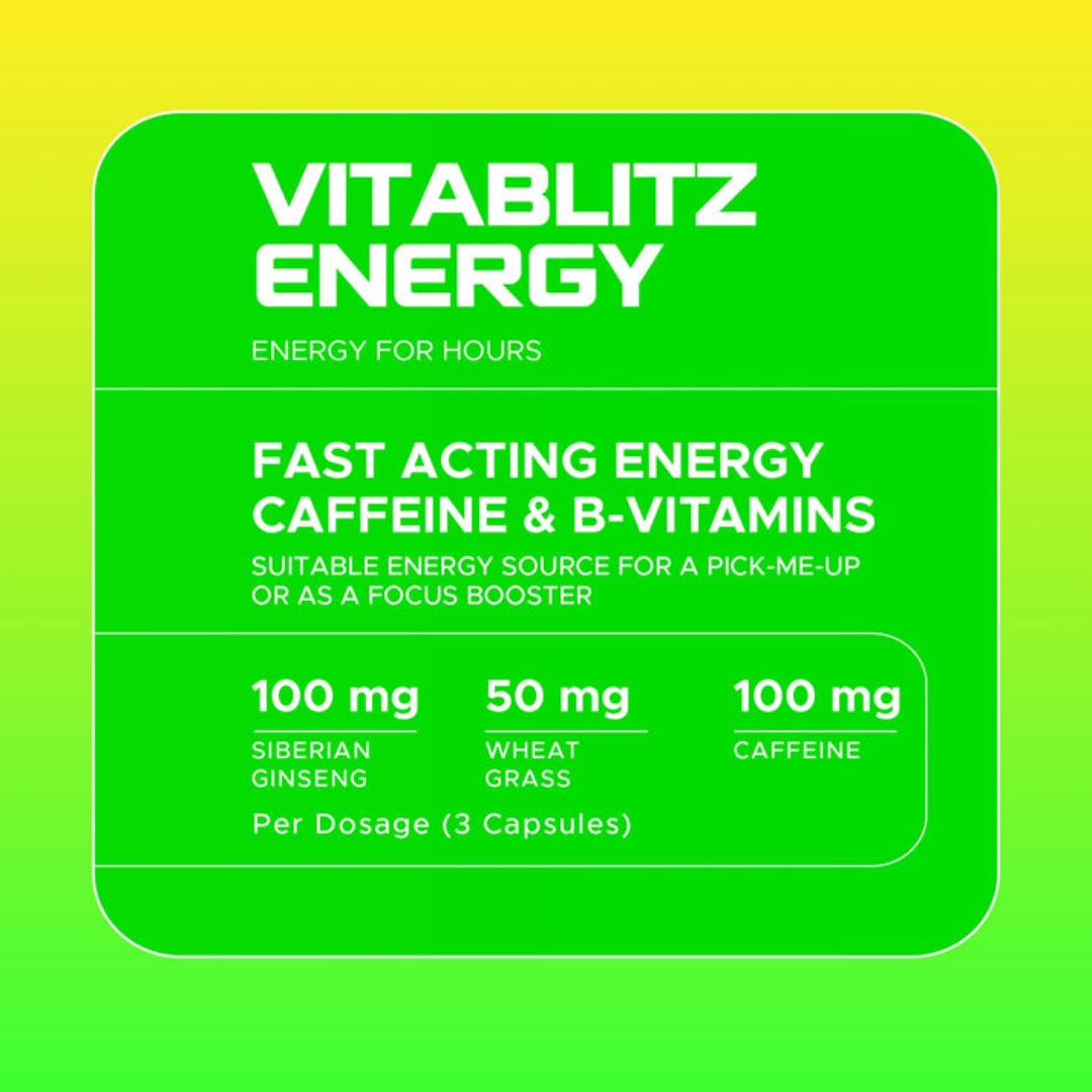 USN VITABLIZ ENERGY FOR HOURS FAST ACTING ENERGY CAFFEINE & B-VITAMINS WITH SIBERIAN & PANAX GINSENG 1 SACHET 3 CAPSULES