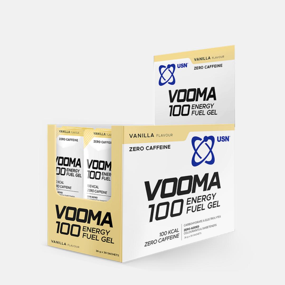 USN VOOMA 100 ENERGY FUEL GEL 100KCAL ZERO  CAFFEINE  ZERO ADDED COLUURANTS & SWEETENERS CARBOHYDRATE & ELECTROLYTES VANILLA AND PEACH FLAVOUR  36 GRAMS/1 SERVINGS