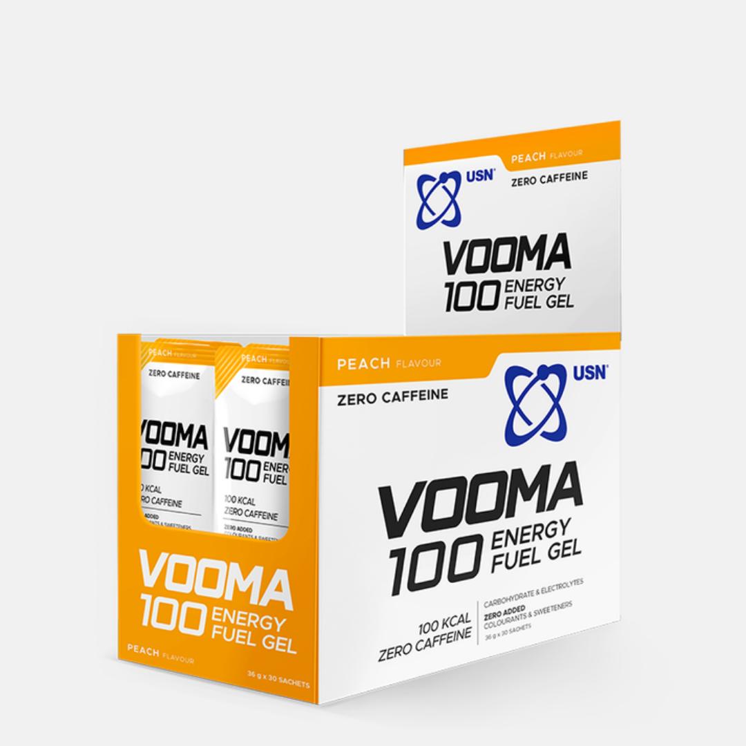USN VOOMA 100 ENERGY FUEL GEL 100KCAL ZERO  CAFFEINE  ZERO ADDED COLUURANTS & SWEETENERS CARBOHYDRATE & ELECTROLYTES VANILLA AND PEACH FLAVOUR  36 GRAMS/1 SERVINGS