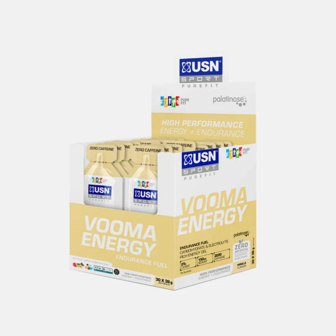 USN VOOMA 100 ENERGY FUEL GEL 100KCAL ZERO  CAFFEINE  ZERO ADDED COLUURANTS & SWEETENERS CARBOHYDRATE & ELECTROLYTES VANILLA AND PEACH FLAVOUR  36 GRAMS/1 SERVINGS