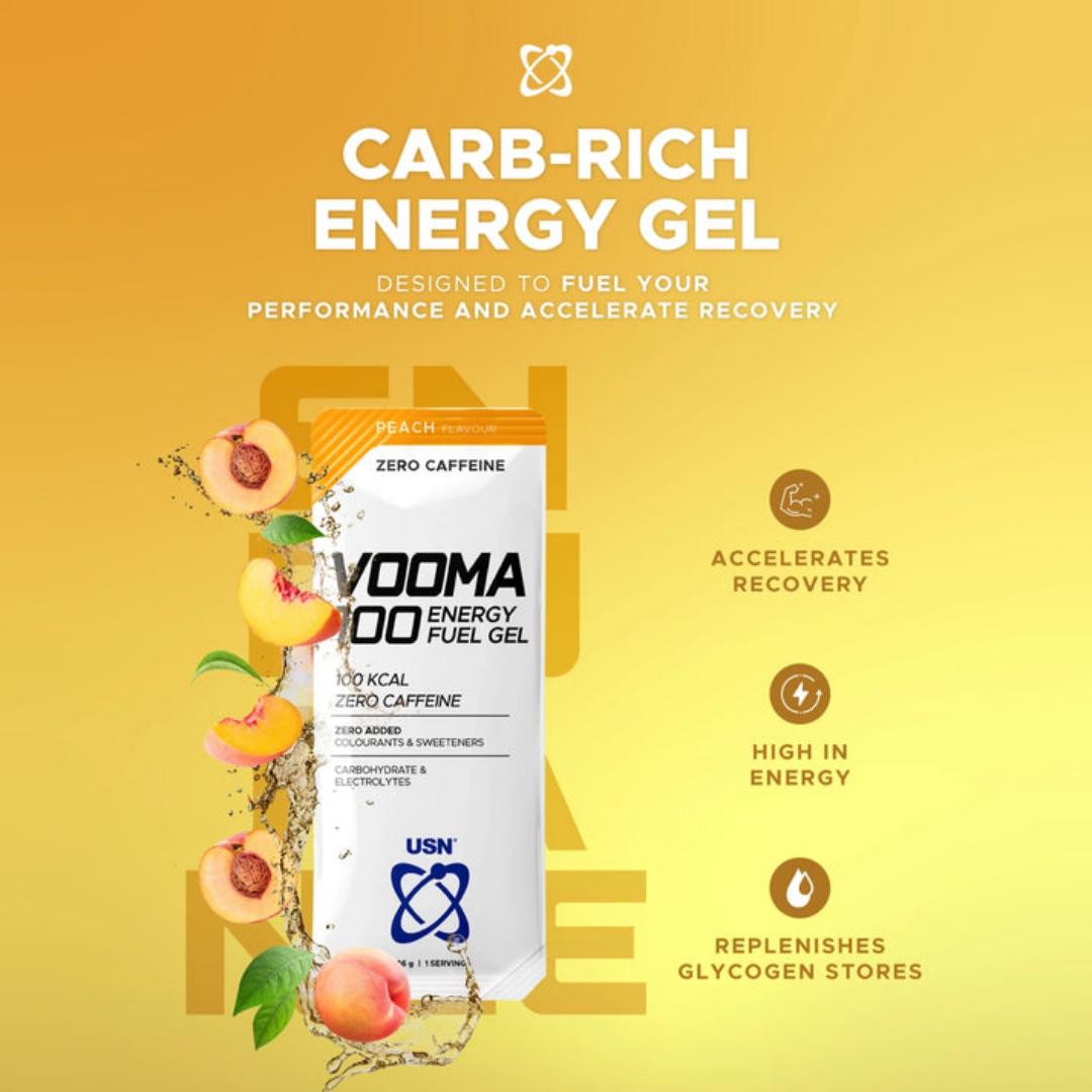 USN VOOMA 100 ENERGY FUEL GEL 100KCAL ZERO  CAFFEINE  ZERO ADDED COLUURANTS & SWEETENERS CARBOHYDRATE & ELECTROLYTES VANILLA AND PEACH FLAVOUR  36 GRAMS/1 SERVINGS