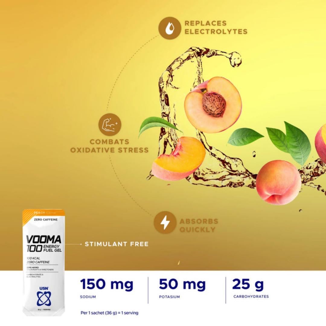 USN VOOMA 100 ENERGY FUEL GEL 100KCAL ZERO  CAFFEINE  ZERO ADDED COLUURANTS & SWEETENERS CARBOHYDRATE & ELECTROLYTES VANILLA AND PEACH FLAVOUR  36 GRAMS/1 SERVINGS