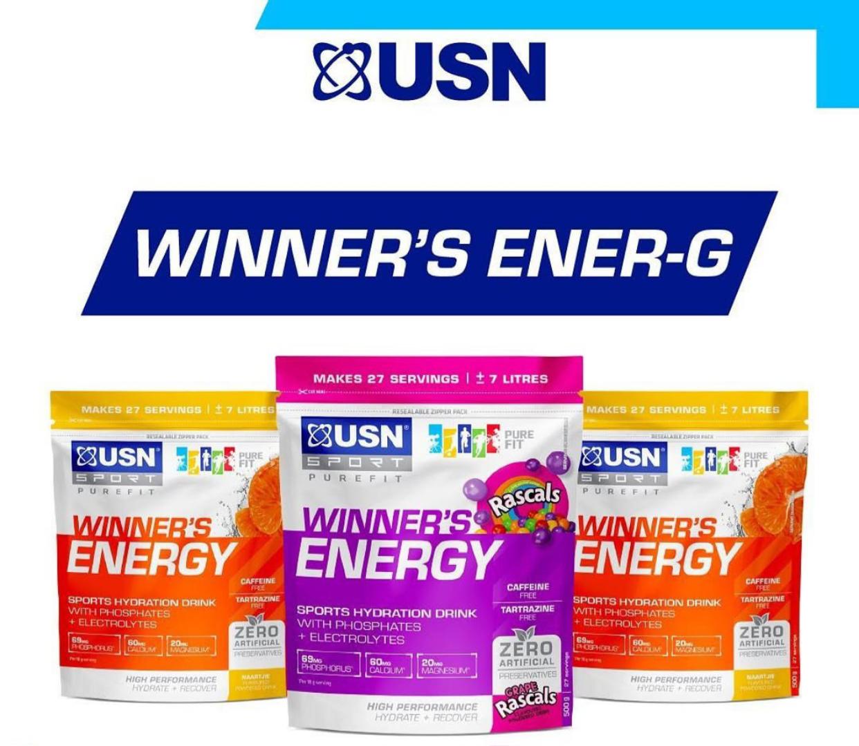 USN RASCALS WINNER'S ENERGY SPORTS HYDRATION DRINK WITH PHOSPHATES + ELECTROLYTES  HYDRATE + RECOVER CAFFEINE + TARTRAZINE FREE NET WT 1.3 oz (36 g×15)