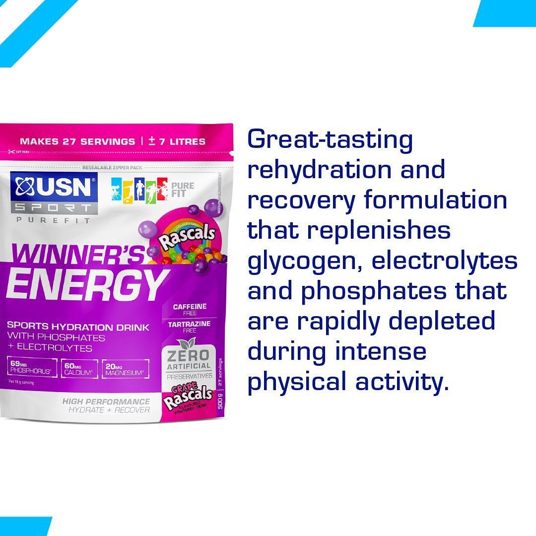 USN RASCALS WINNER'S ENERGY SPORTS HYDRATION DRINK WITH PHOSPHATES + ELECTROLYTES  HYDRATE + RECOVER CAFFEINE + TARTRAZINE FREE NET WT 1.3 oz (36 g×15)