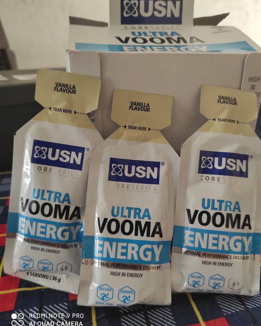 USN VOOMA 100 ENERGY FUEL GEL 100KCAL ZERO  CAFFEINE  ZERO ADDED COLUURANTS & SWEETENERS CARBOHYDRATE & ELECTROLYTES VANILLA AND PEACH FLAVOUR  36 GRAMS/1 SERVINGS