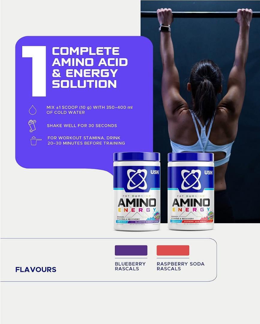 USN FAT BURNING AMINO ENERGY,STAMINA & RECOVERY ZERO SUGAR NET WT 300 GRAMS