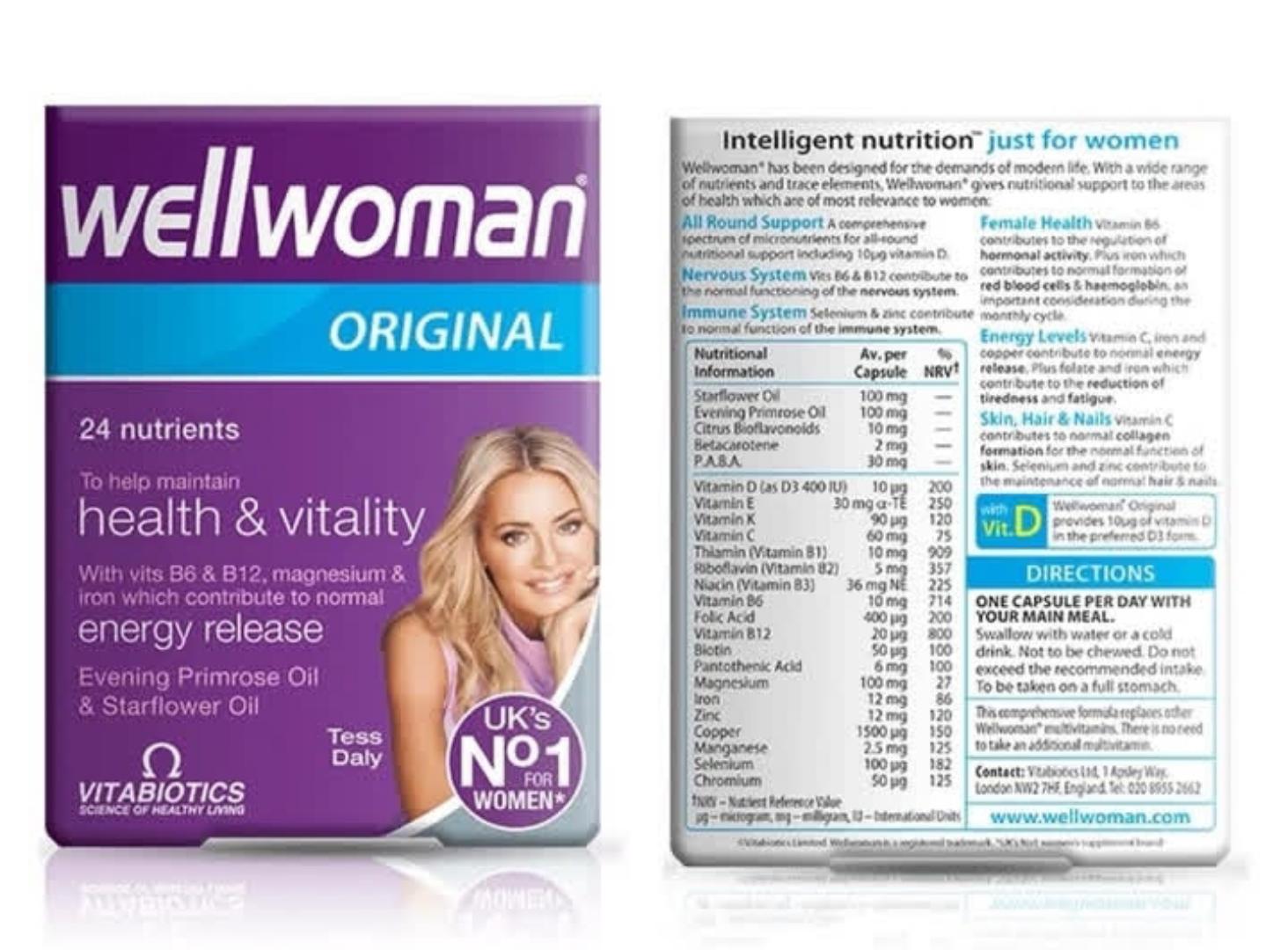 VITABIOTICS WEllWoman ORIGINAL 24 nutrients To help maintain health & vitality with vits B6& B12,magnesium & iron which contribute to normal  energy release  Evening primrose Oil & Starflower