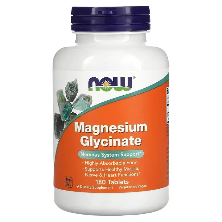 now Magnesium Glycinate Nervous System Support Highly absorbable form,Supports Healthy Muscles,Nerve and Heart Functions Non-GMO 180 Tablets A Dietary Supplement Vegetarian/Vegan
