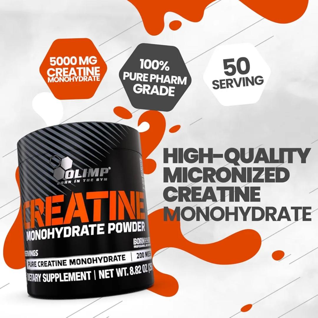 OLIMP NUTRITION CREATINE MONOHYDRATE POWDER BLACK SERIES SUPER MICRONIZED FORMULA PURE PHARM GRADE 200 MESH 250 GRAMS