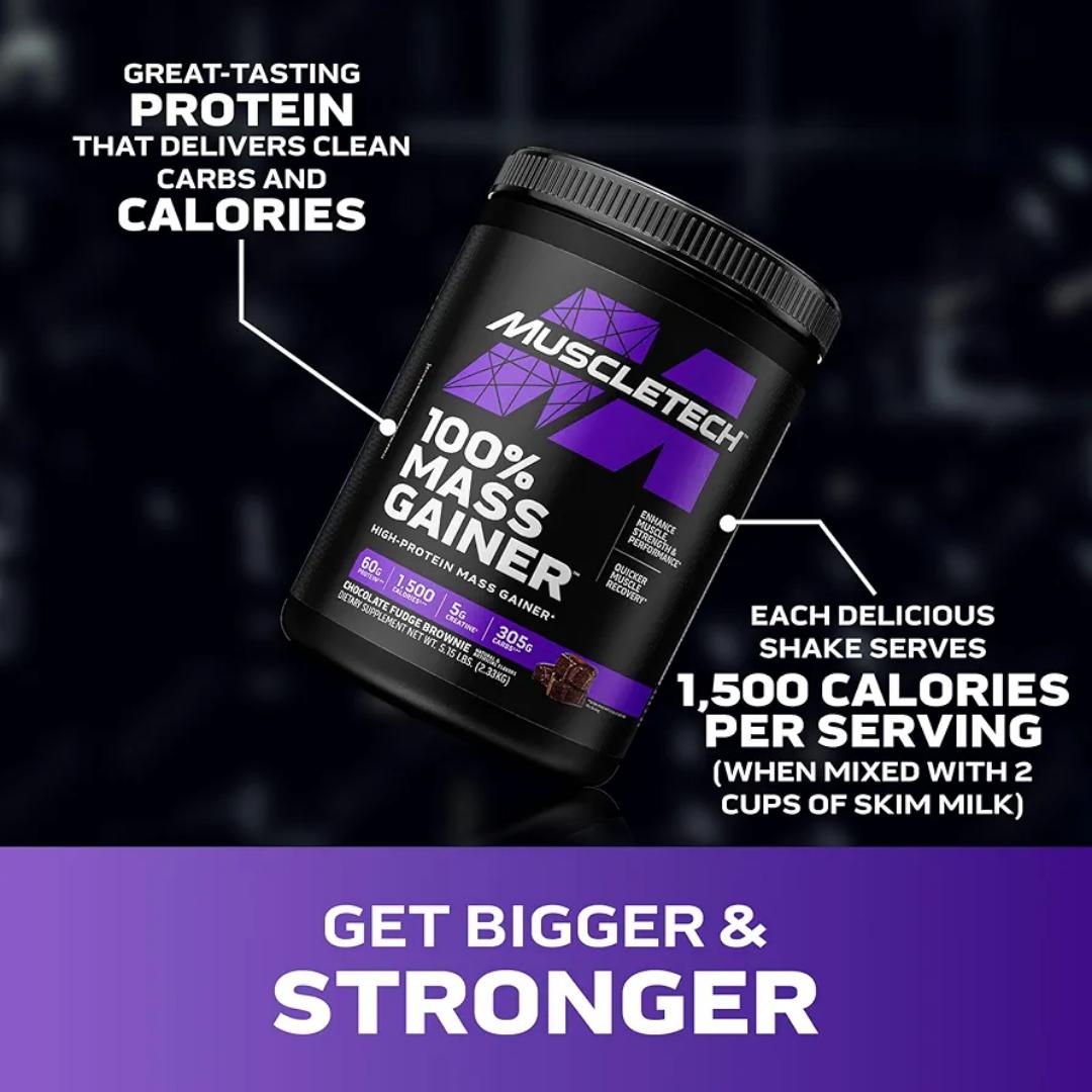 MUSCLETECH 100% MASS GAINER HIGH-PROTEIN MASS GAINER ENHANCE MUSCLE,STRENGTH & PERFORMANCE QUICKER MUSCLE RECOVERY DIETARY SUPPLEMENT NET.WEIGHT.5.15LBS(2.33KG)