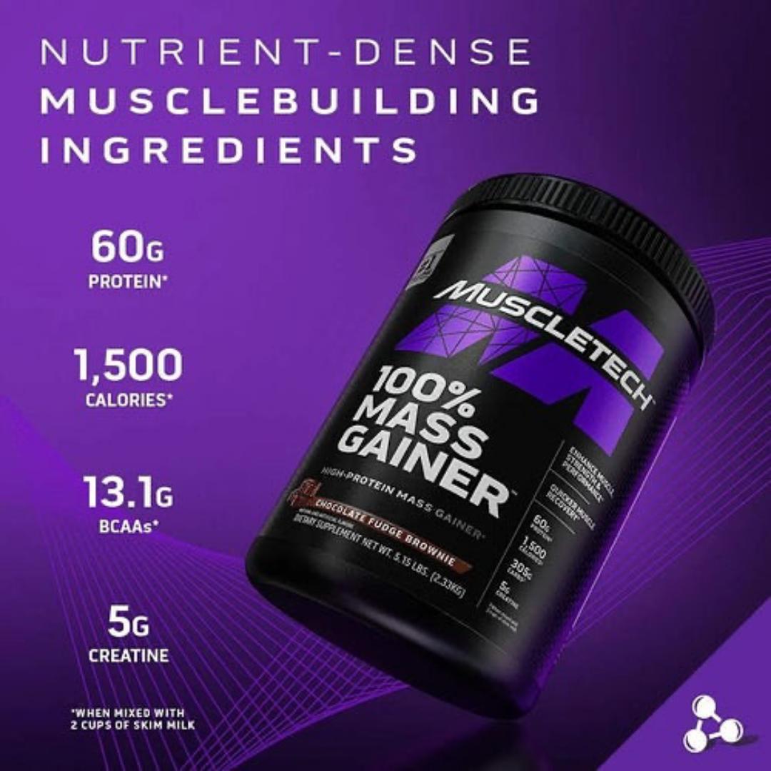 MUSCLETECH 100% MASS GAINER HIGH-PROTEIN MASS GAINER ENHANCE MUSCLE,STRENGTH & PERFORMANCE QUICKER MUSCLE RECOVERY DIETARY SUPPLEMENT NET.WEIGHT.5.15LBS(2.33KG)